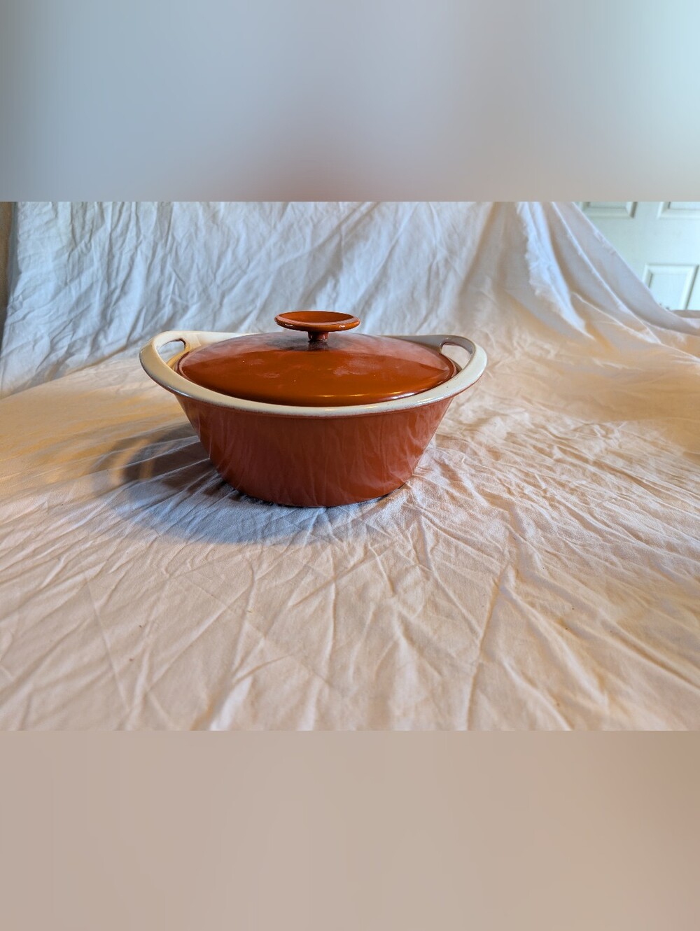 2/100$ Vintage Orange Enamel and cast iron Covered Casserole with White Rim